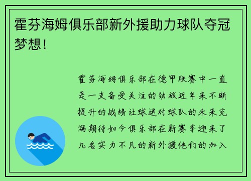 霍芬海姆俱乐部新外援助力球队夺冠梦想！